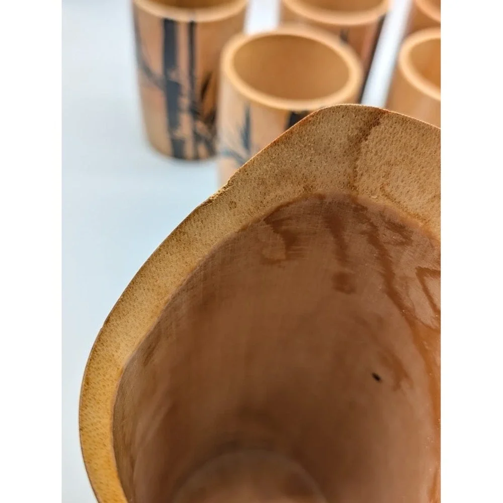 7 Set Vtg Natural‎ Bamboo Cups Pitcher Hand Painted Made in Japan MCM Bar Tiki